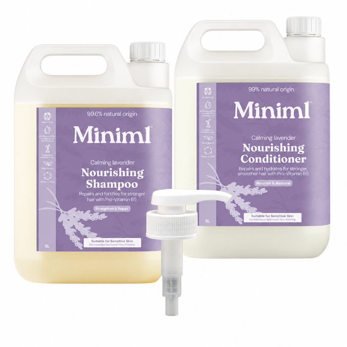 Plastic Free Refills, 5L Shampoo & Conditioner Bundle – Calming Lavender – products arranged on a clean white background