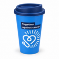 Blue reusable coffee cup supporting East Surrey Hospital Charity
