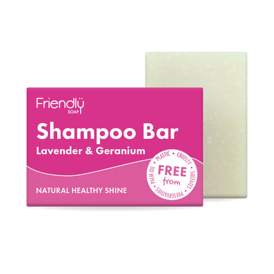 Friendly Soap Lavender and Geranium shampoo bar and packaging