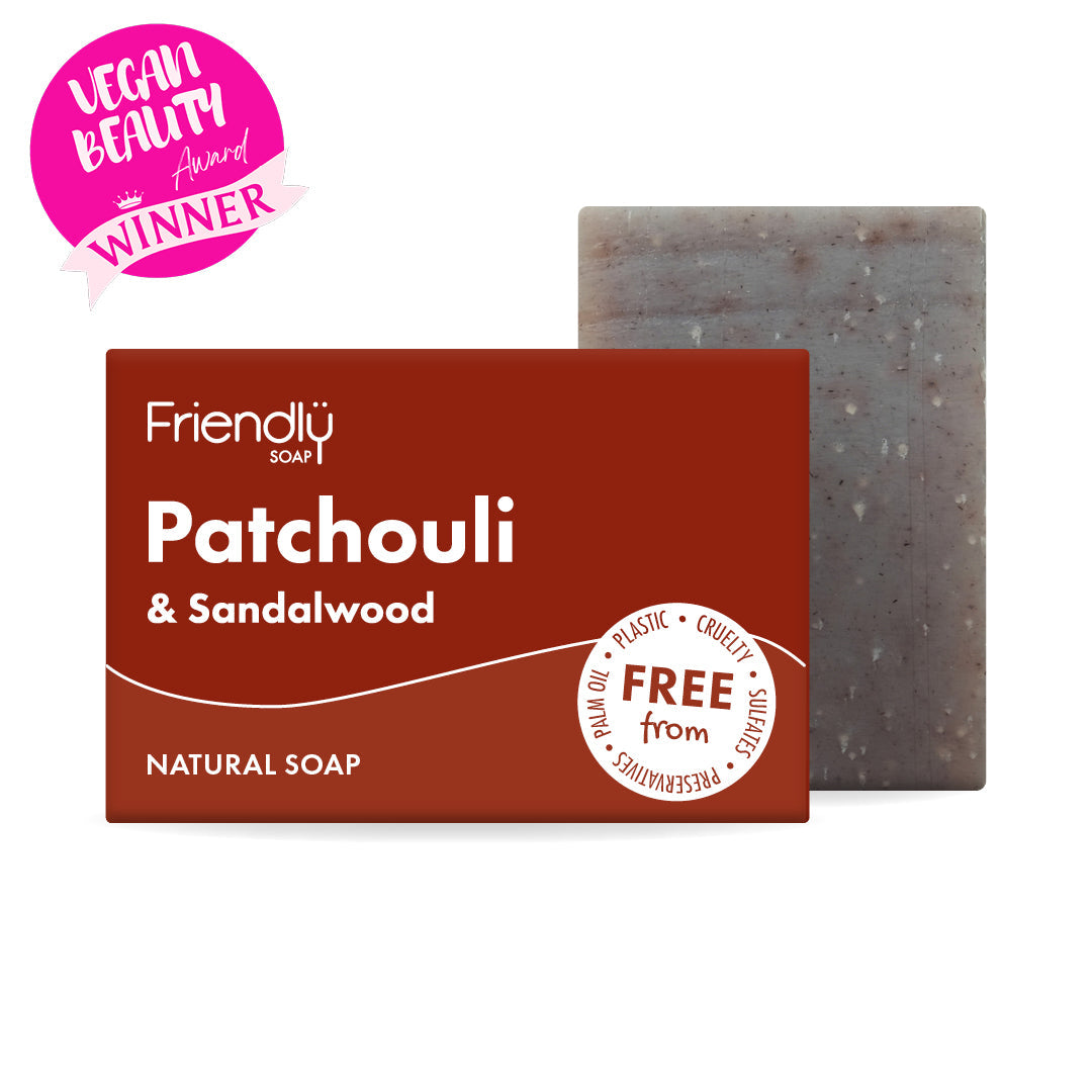 Friendly Soap Patchouli natural soap bar and packaging
