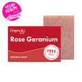 Friendly Soap Rose Geranium natural soap bar and packaging