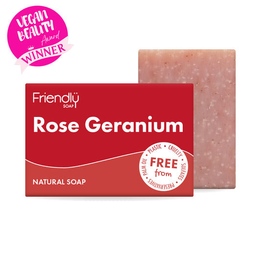 Friendly Soap Rose Geranium natural soap bar and packaging