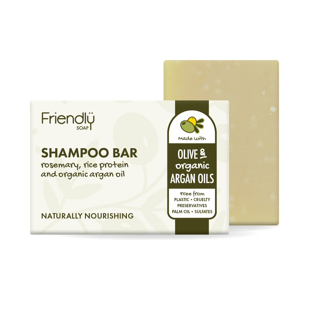 Friendly Soap Rosemary Rice Protein and Organic Argan Oil shampoo bar and packaging